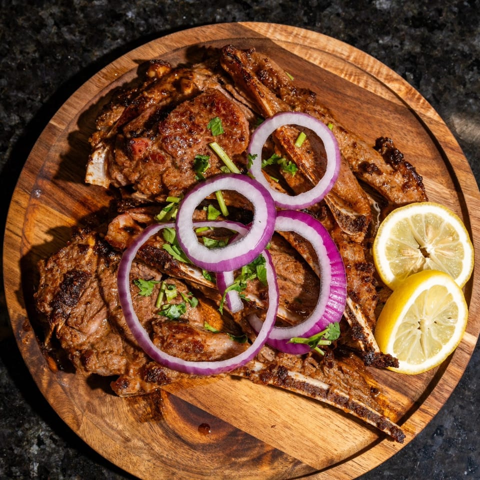 Grilled Pakistani lamb chops with red onion rings, cilantro, and lemon wedges on a wooden platter.