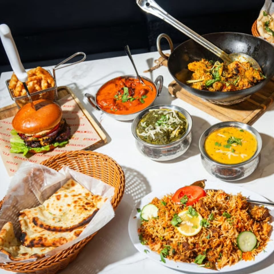 A table laden with Tikkaville's Pakistani dishes, including biryani, curries, naan, a burger, and fries.