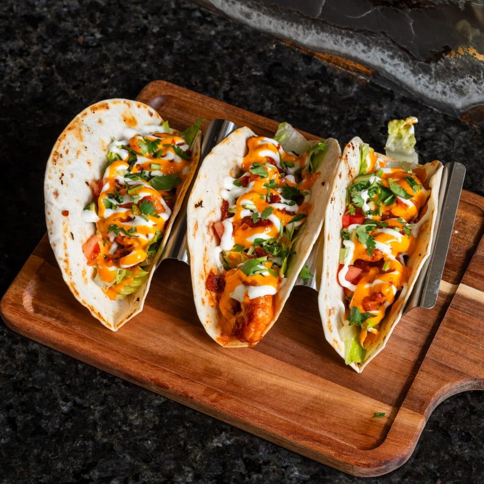 Three Tikkaville tacos with chicken, lettuce, sauce, and cilantro on a wooden board.