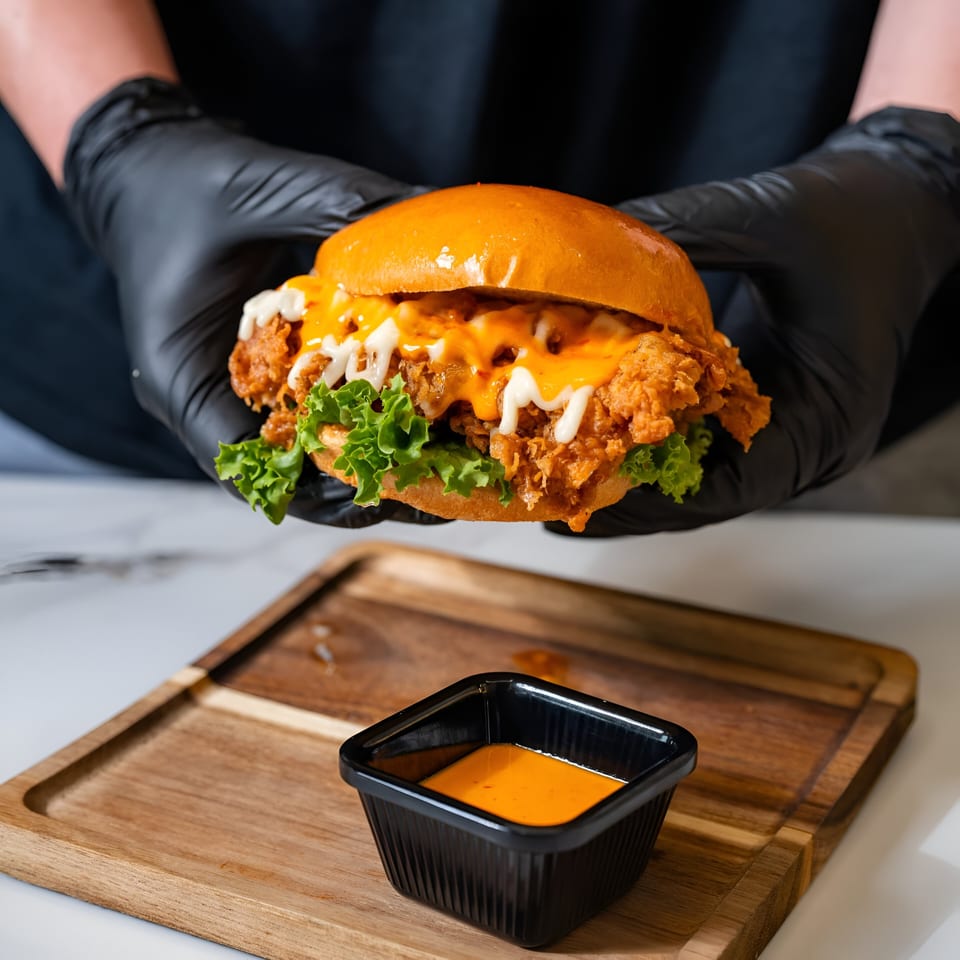 Gloved hands hold a Tikkaville crispy chicken burger with cheese, lettuce, and sauce, with a side of dipping sauce.