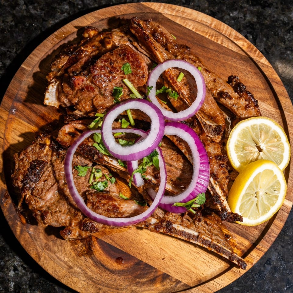 Grilled lamb chops, garnished with red onion rings, cilantro, and lemon wedges on a wooden board.