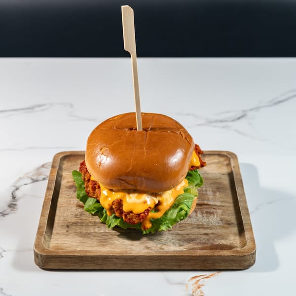 Tikkaville's crispy chicken burger with melted cheese and lettuce on a wooden tray.